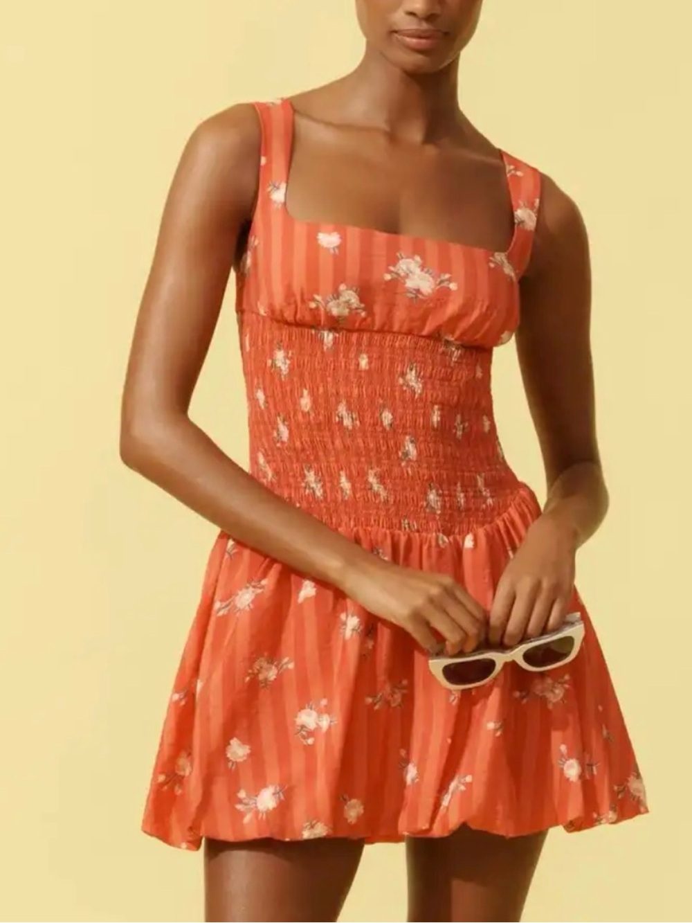 NWT Anthropologie Red Floral Smocked Mini Dress Square Neck Bubble Hem S